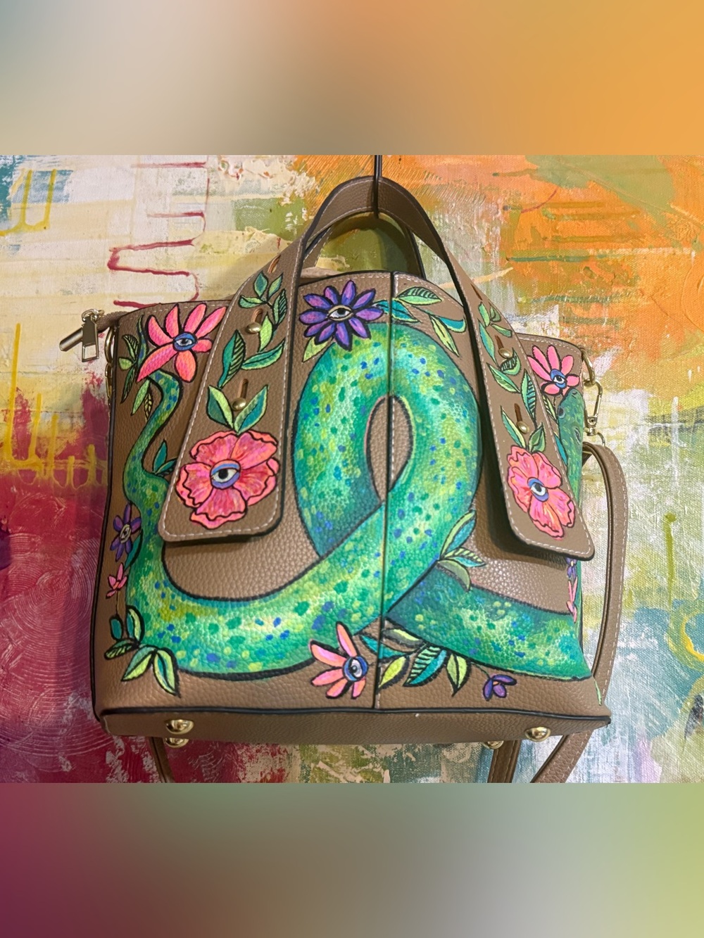 OOAK Hand Painted Snake & Evil Eye Purse | Original Wearable Art Handbag 👜 🐍🌸